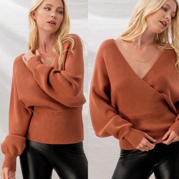 NEW Rust Wrap V Neck Dolman Sleeves Cozy Sweater - Picture 3 of 8